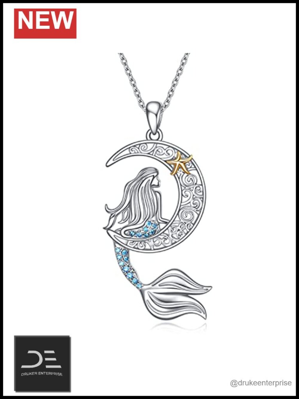Mermaid & Starfish Pendant Necklace 925 Sterling Silver Ocean Jewelry for Her